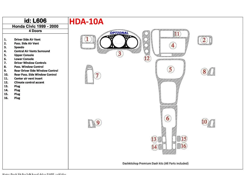 Honda Civic 1999-2000 4-dverová sada 16 dielov Interiér BD Dash Trim Kit - 1
