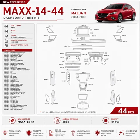 Mazda 3 2014–2018 3D sada dekorov interiéru palubnej dosky 44-dielna