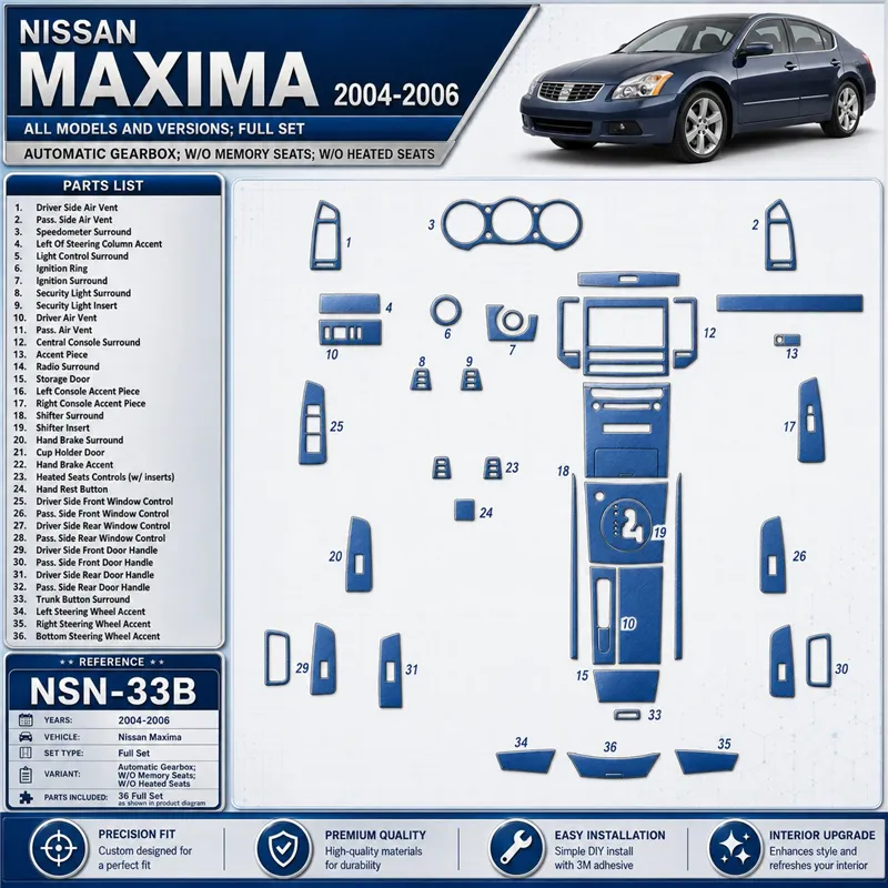 Nissan Maxima 2004–2006 kompletná sada; Automatic Gearbox; W/O Memory Seats; W/O Heated Seats 3D sada dekorov interiéru palubnej
