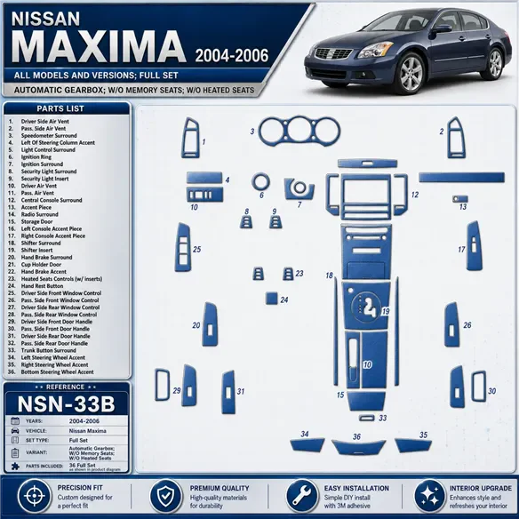 Nissan Maxima 2004–2006 kompletná sada; Automatic Gearbox; W/O Memory Seats; W/O Heated Seats 3D sada dekorov interiéru palubnej