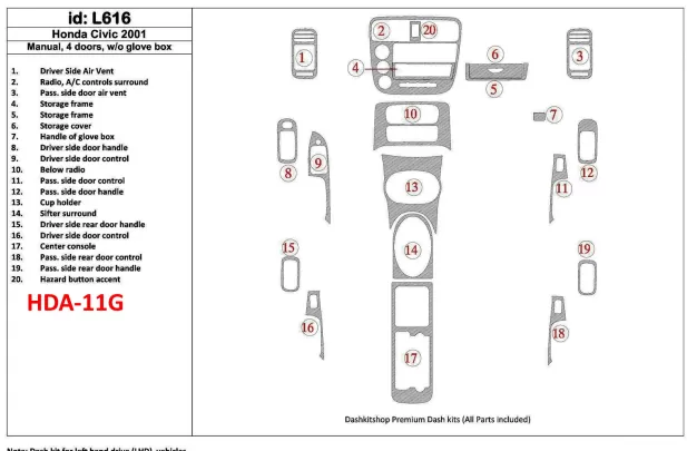 Honda Civic 2001-2001 manuálna prevodovka, 4 dvere, bez žhaviacej skrinky, sada 20 dielov Interiér BD Dash Trim Kit - 1