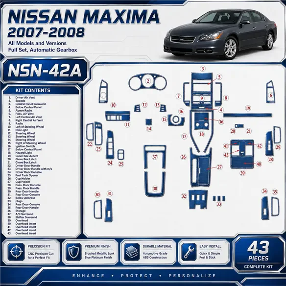 Nissan Maxima 2007–2008 kompletná sada; Automatic Gearbox 3D sada dekorov interiéru palubnej dosky kompletná sada / podľa produk