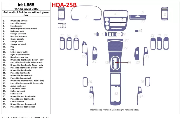 Honda Civic 2002-2002 automatická prevodovka, 2 alebo 4 dvere, bez žhaviacej skrinky, 34 súprava dielov Interiér BD Dash Trim Ki