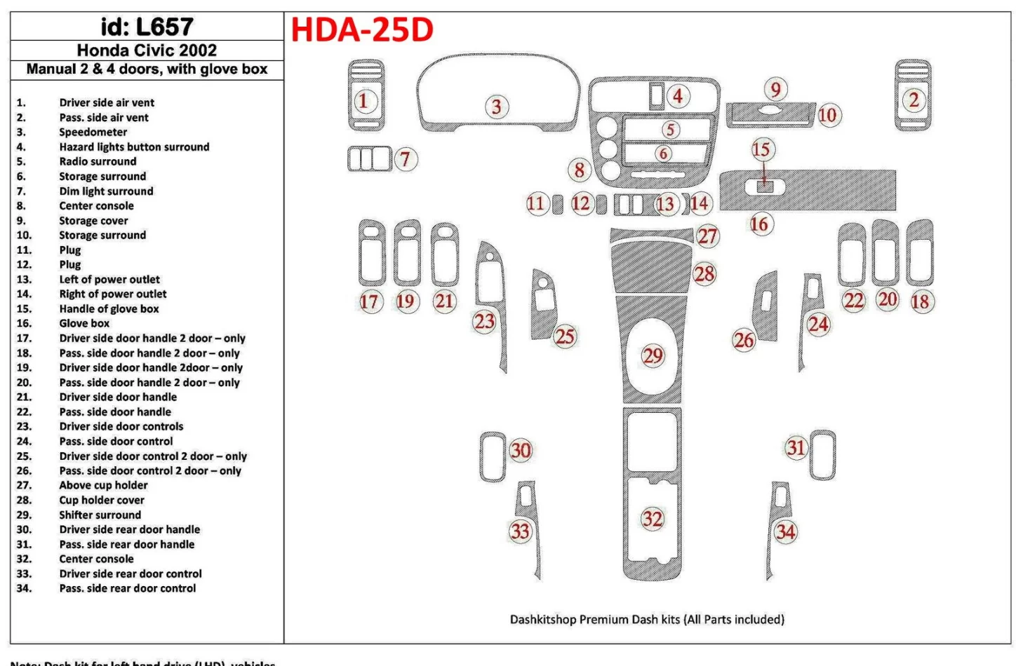 Honda Civic 2002-2002 manuálna prevodovka, 2 alebo 4 dvere, so žeraviacou skriňou, súprava 35 dielov Interiér BD Dash Trim Kit -