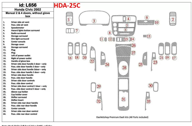 Honda Civic 2002-2002 manuálna prevodovka, 2 alebo 4 dvere, bez žeraviacej skrinky, sada 34 dielov Interiér BD Dash Trim Kit Kit