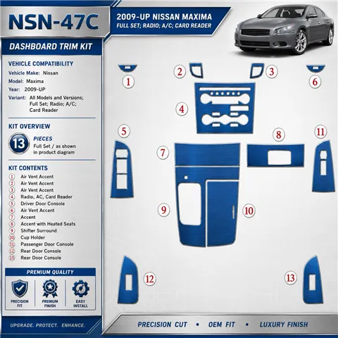 Nissan Maxima od 2009 kompletná sada; Radio; A/C; Card Reader 3D sada dekorov interiéru palubnej dosky kompletná sada / podľa pr