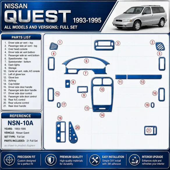 Nissan Quest 1993–1995 kompletná sada 3D sada dekorov interiéru palubnej dosky 21-dielna