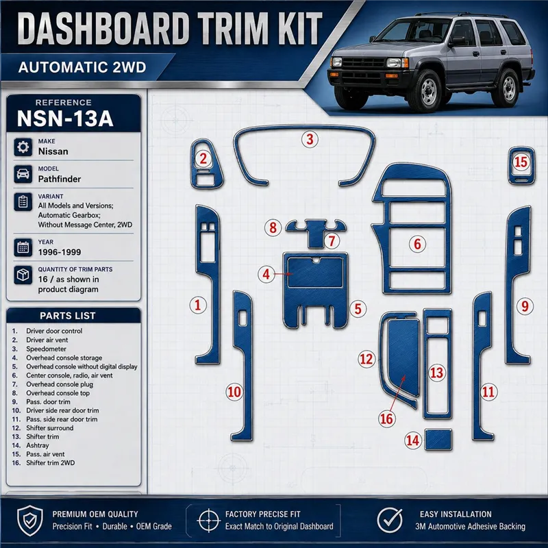 Nissan Pathfinder 1996–1999 Automatic Gearbox; Without Message Center, 2WD 3D sada dekorov interiéru palubnej dosky 16-dielna