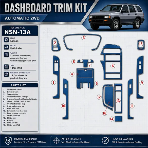 Nissan Pathfinder 1996–1999 Automatic Gearbox; Without Message Center, 2WD 3D sada dekorov interiéru palubnej dosky 16-dielna