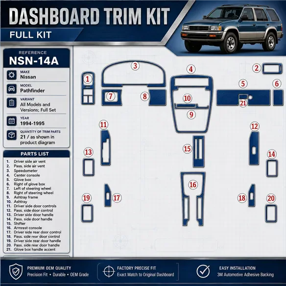 Nissan Pathfinder 1994–1995 kompletná sada 3D sada dekorov interiéru palubnej dosky 21-dielna