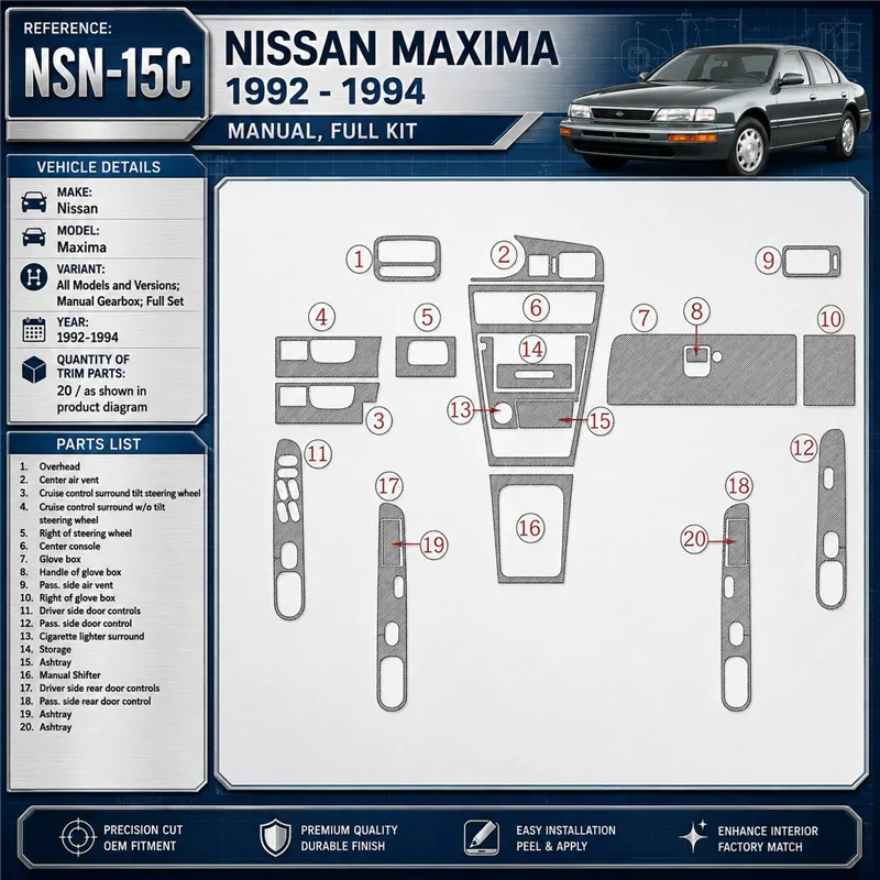Nissan Maxima 1992–1994 Manual Gearbox; kompletná sada 3D sada dekorov interiéru palubnej dosky 20-dielna