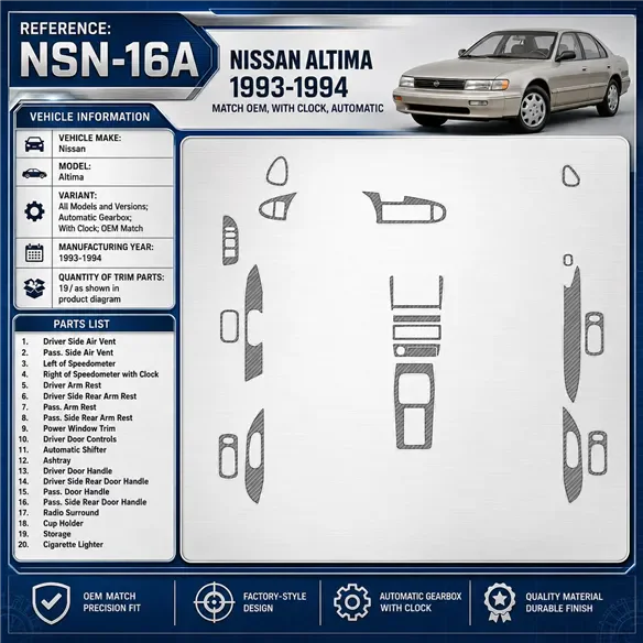 Nissan Altima 1993–1994 Automatic Gearbox; With watches; OEM Match 3D sada dekorov interiéru palubnej dosky 19-dielna
