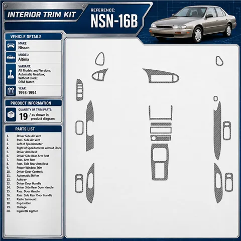 Nissan Altima 1993–1994 Automatic Gearbox; Without watches; OEM Match 3D sada dekorov interiéru palubnej dosky 19-dielna