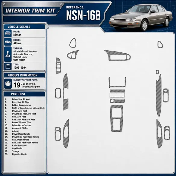 Nissan Altima 1993–1994 Automatic Gearbox; Without watches; OEM Match 3D sada dekorov interiéru palubnej dosky 19-dielna