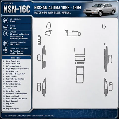 Nissan Altima 1993–1994 Manual Gearbox; With watches; OEM Match 3D sada dekorov interiéru palubnej dosky 19-dielna