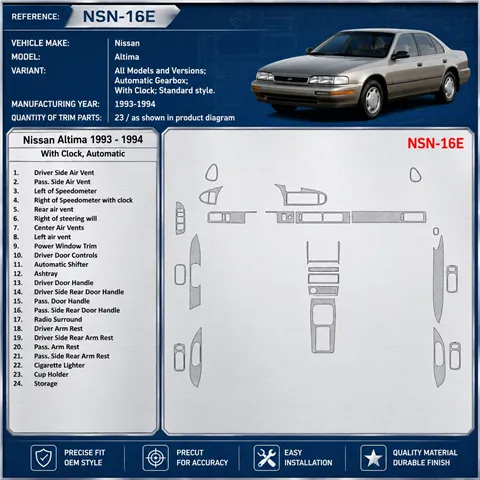 Nissan Altima 1993–1993 Automatic Gearbox; With watches; Without OEM 3D sada dekorov interiéru palubnej dosky 23-dielna