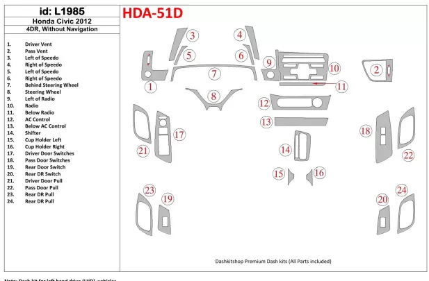 Honda Civic 2012-UP Sedan, bez súpravy NAVI interiéru BD Dash Trim Kit - 1