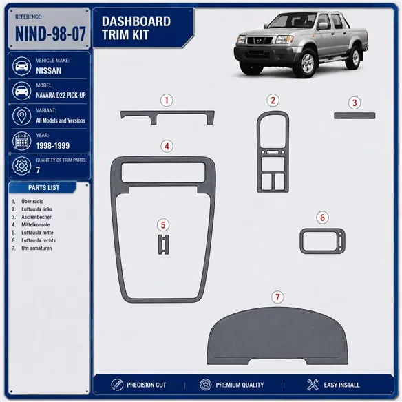 Nissan Navara D22 Pick-up 1998–1999 3D sada dekorov interiéru palubnej dosky 7-dielna