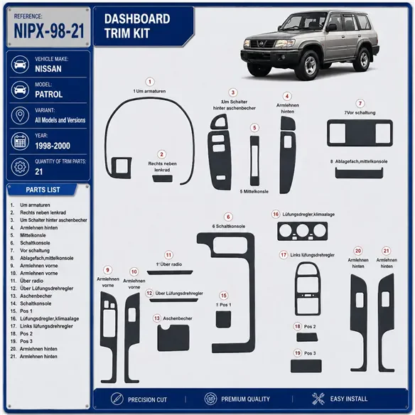 Nissan Patrol 1998–2000 3D sada dekorov interiéru palubnej dosky 21-dielna