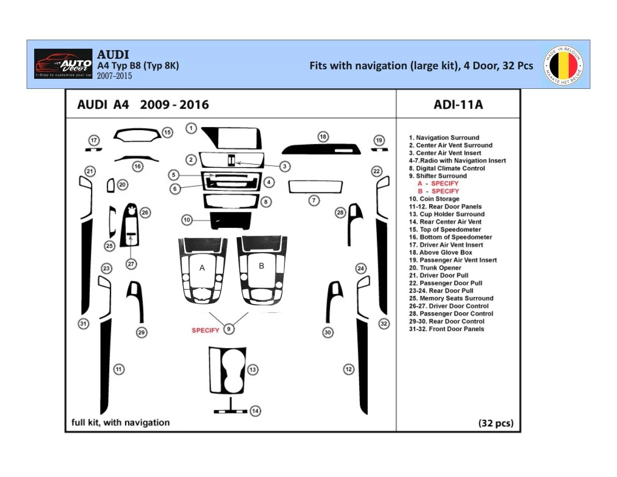 Audi A4 B8 Typ 8K 2007-2015 Súprava obloženia palubnej dosky 3D interiéru Dekorácia palubnej dosky 32 dielov - 1