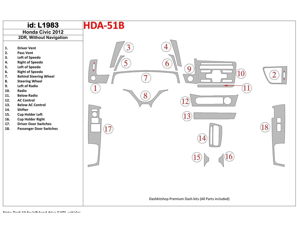 Honda Civic 2012-UP Bez NAVI Interiér BD Dash Trim Kit - 1