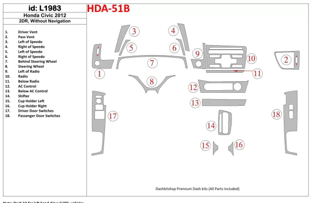 Honda Civic 2012-UP Bez NAVI Interiér BD Dash Trim Kit - 1