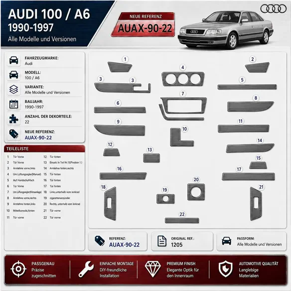 Audi 100 A6 1990–1997 3D sada dekorov interiéru palubnej dosky 22-dielna