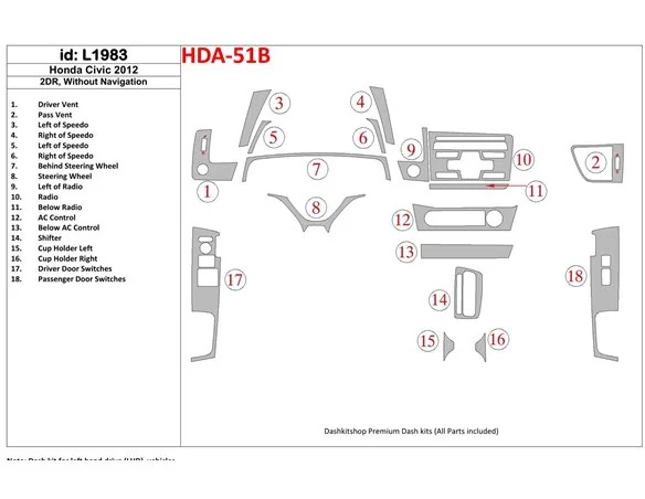 Honda Civic 2012-UP Bez NAVI Interiér BD Dash Trim Kit - 1