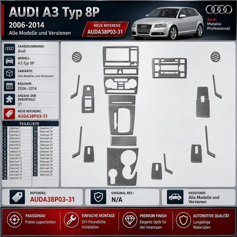 Audi A3 Typ 8P 2006–2014 3D sada dekorov interiéru palubnej dosky 31-dielna