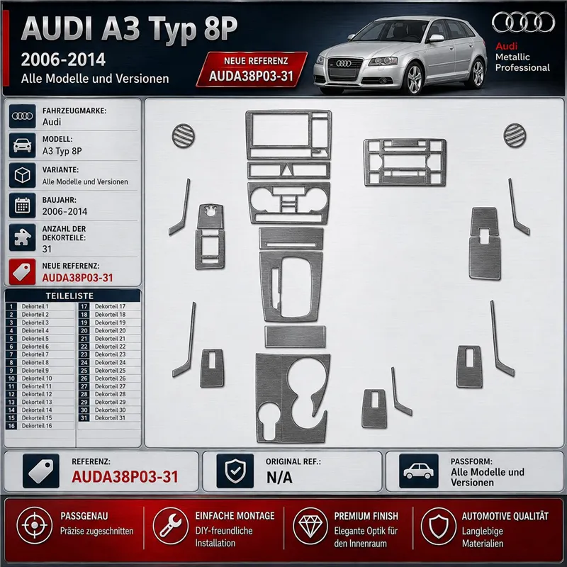 Audi A3 Typ 8P 2006–2014 3D sada dekorov interiéru palubnej dosky 31-dielna