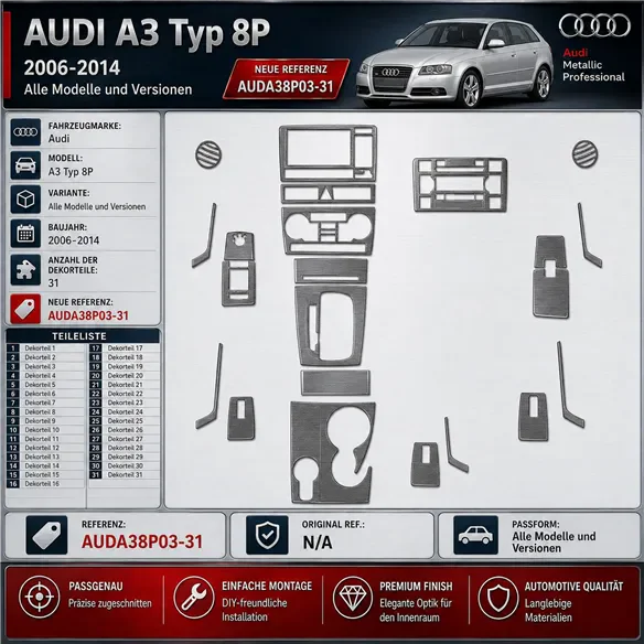 Audi A3 Typ 8P 2006–2014 3D sada dekorov interiéru palubnej dosky 31-dielna