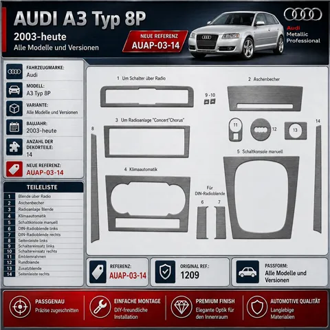 Audi A3 Typ 8P od 2003 3D sada dekorov interiéru palubnej dosky 14-dielna