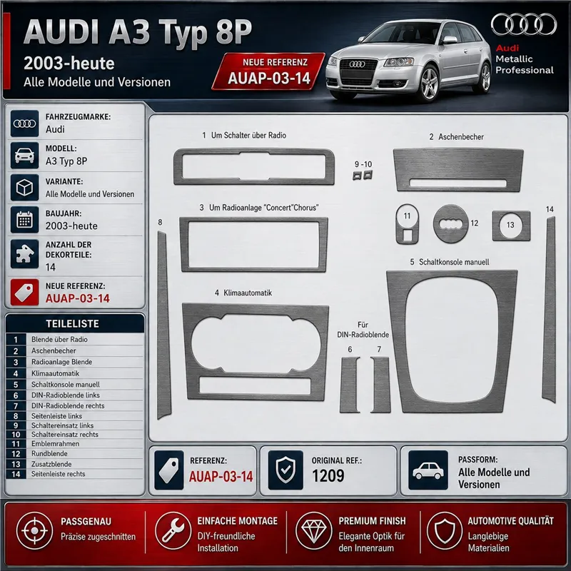 Audi A3 Typ 8P od 2003 3D sada dekorov interiéru palubnej dosky 14-dielna