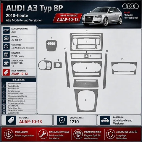 Audi A3 Typ 8P od 2010 3D sada dekorov interiéru palubnej dosky 13-dielna