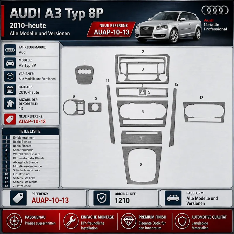 Audi A3 Typ 8P od 2010 3D sada dekorov interiéru palubnej dosky 13-dielna