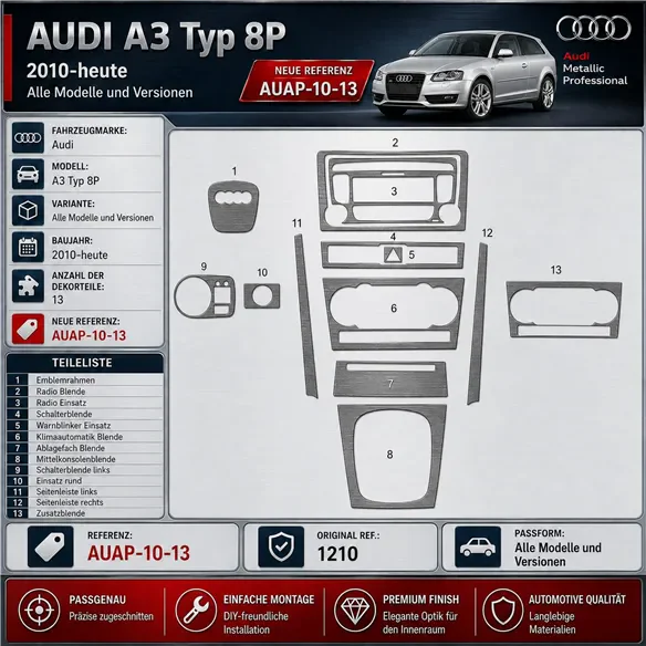 Audi A3 Typ 8P od 2010 3D sada dekorov interiéru palubnej dosky 13-dielna