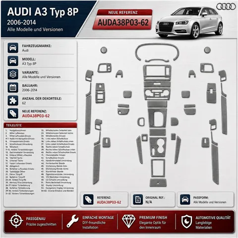 Audi A3 Typ 8P 2006–2014 3D sada dekorov interiéru palubnej dosky 62-dielna