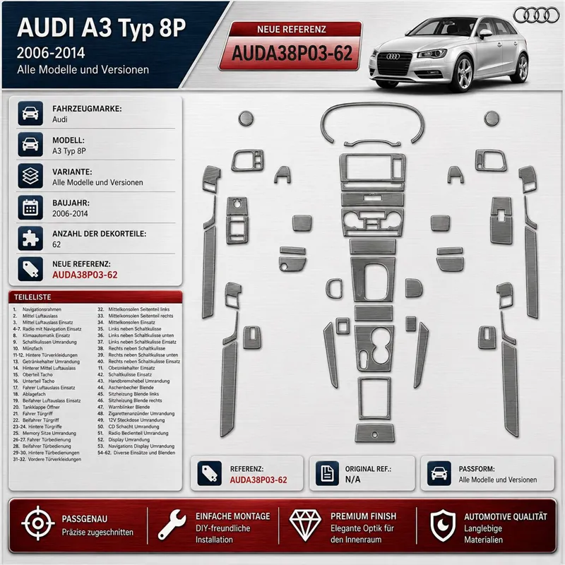 Audi A3 Typ 8P 2006–2014 3D sada dekorov interiéru palubnej dosky 62-dielna