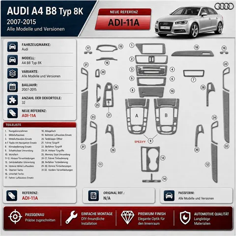 Audi A4 B8 Typ 8K 2007–2015 3D sada dekorov interiéru palubnej dosky 32-dielna