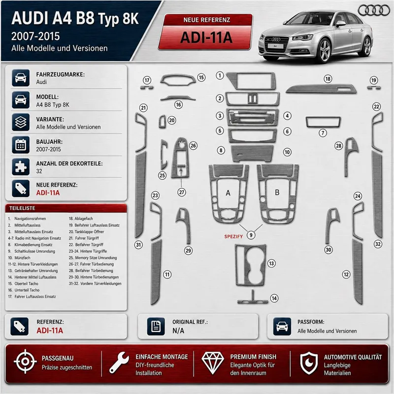 Audi A4 B8 Typ 8K 2007–2015 3D sada dekorov interiéru palubnej dosky 32-dielna
