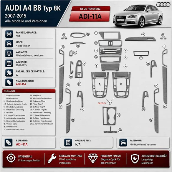 Audi A4 B8 Typ 8K 2007–2015 3D sada dekorov interiéru palubnej dosky 32-dielna