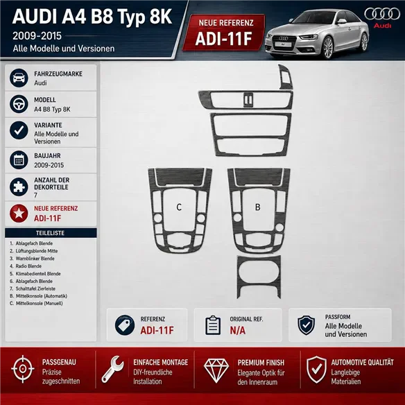 Audi A4 B8 Typ 8K 2009–2015 3D sada dekorov interiéru palubnej dosky 7-dielna