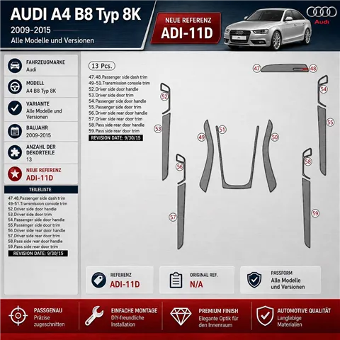 Audi A4 B8 Typ 8K 2009–2015 3D sada dekorov interiéru palubnej dosky 13-dielna