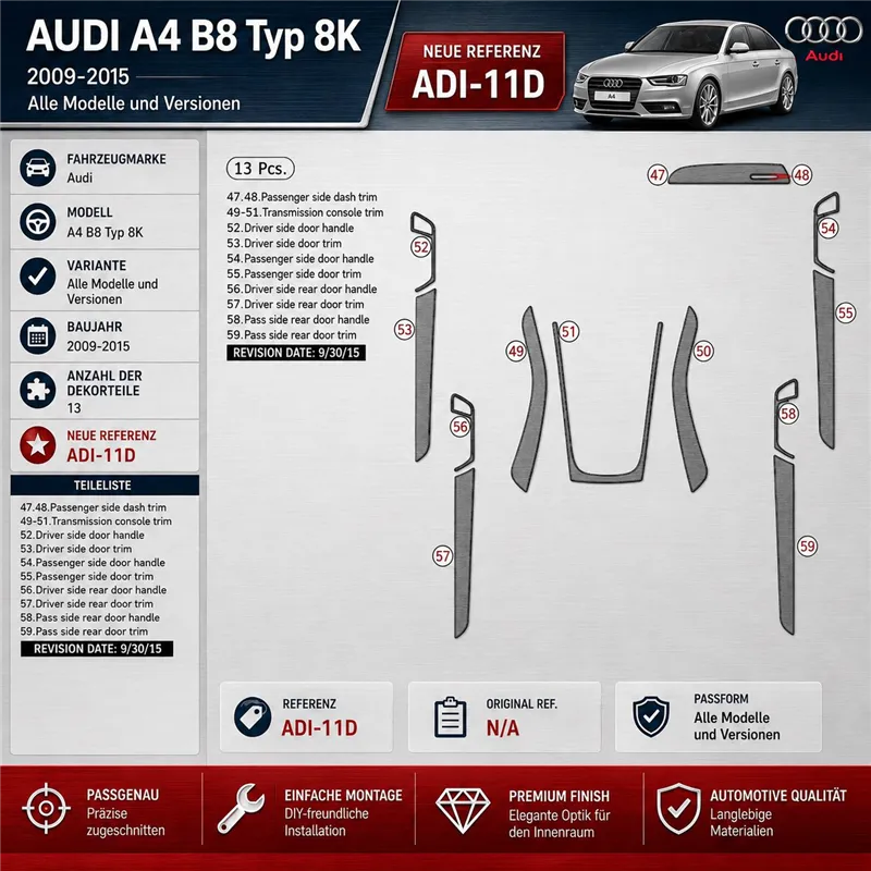Audi A4 B8 Typ 8K 2009–2015 3D sada dekorov interiéru palubnej dosky 13-dielna