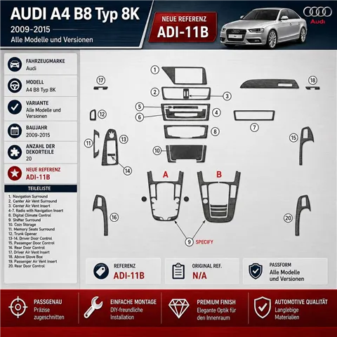 Audi A4 B8 Typ 8K 2009–2015 3D sada dekorov interiéru palubnej dosky 20-dielna