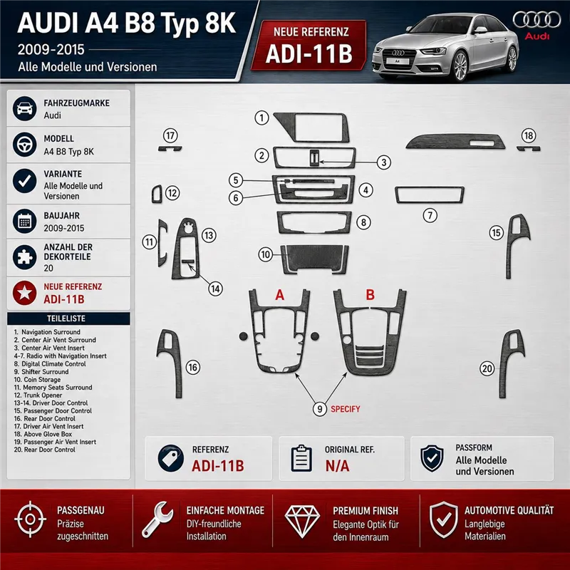 Audi A4 B8 Typ 8K 2009–2015 3D sada dekorov interiéru palubnej dosky 20-dielna
