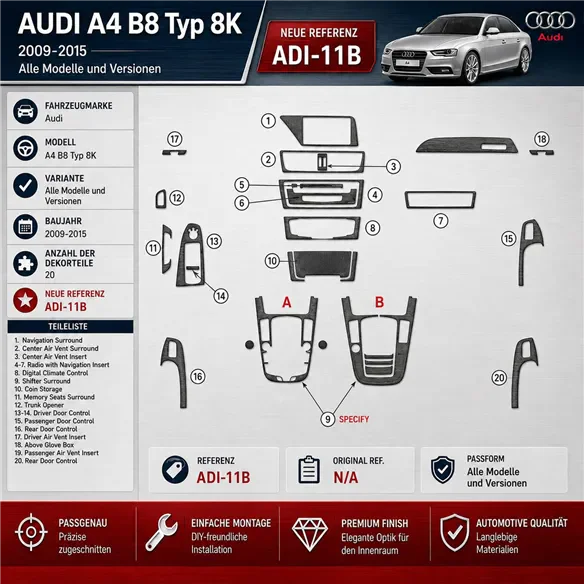 Audi A4 B8 Typ 8K 2009–2015 3D sada dekorov interiéru palubnej dosky 20-dielna