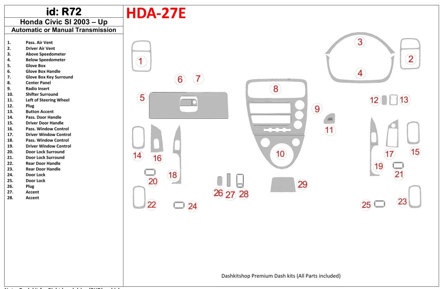 Honda Civic SI 2002-UP Model interiéru BD Dash Trim Kit - 1