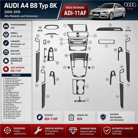 Audi A4 B8 Typ 8K 2009–2015 3D sada dekorov interiéru palubnej dosky 34-dielna