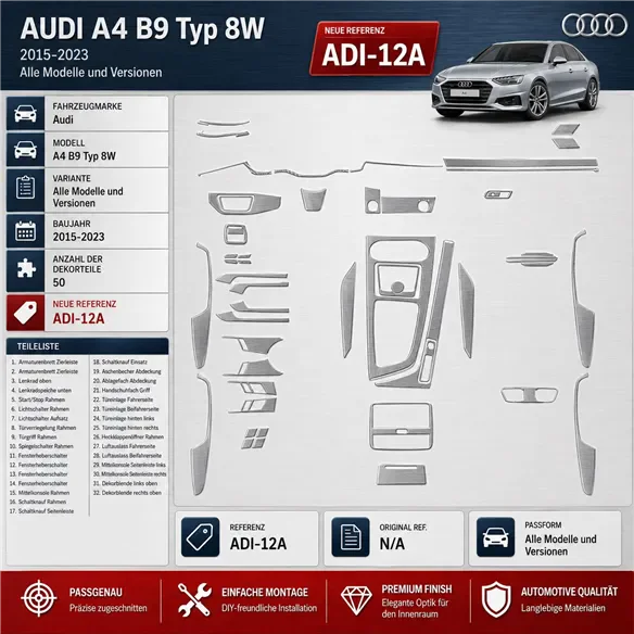 Audi A4 B9 Typ 8W 2015–2023 3D sada dekorov interiéru palubnej dosky 50-dielna